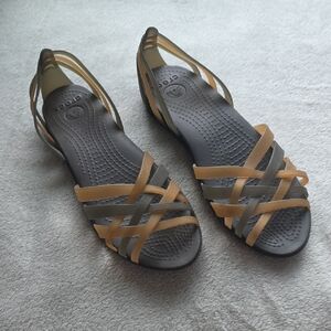 CROCS Gray and Tan Sandals with Criss-Cross Straps